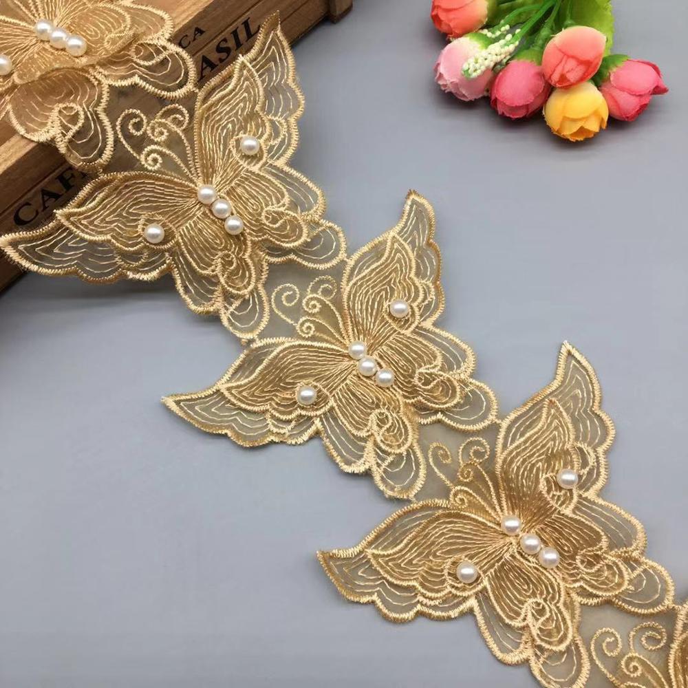 Golden Embroidered Butterfly Lace Pearl Beaded