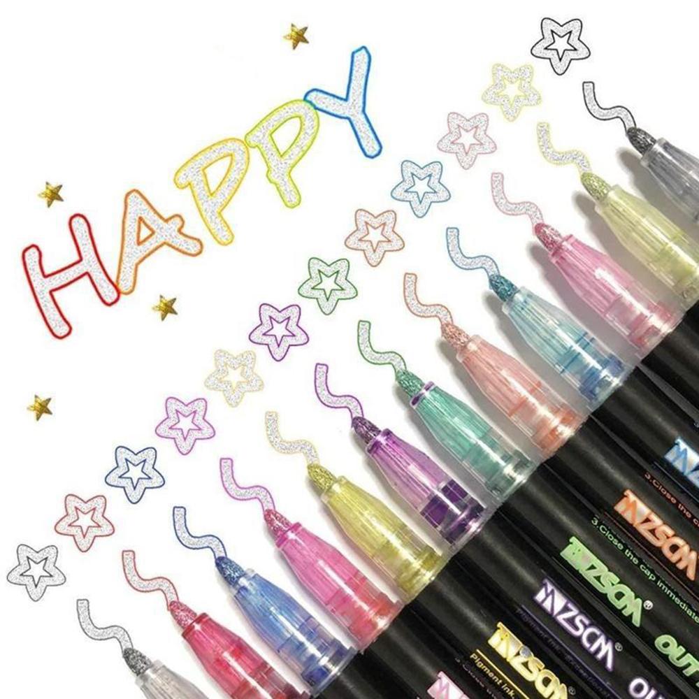 Double Line Outline Art Pen Marker (8 or 12 colors/set, 1-3 packs)