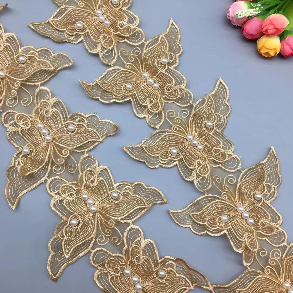 Golden Embroidered Butterfly Lace Pearl Beaded