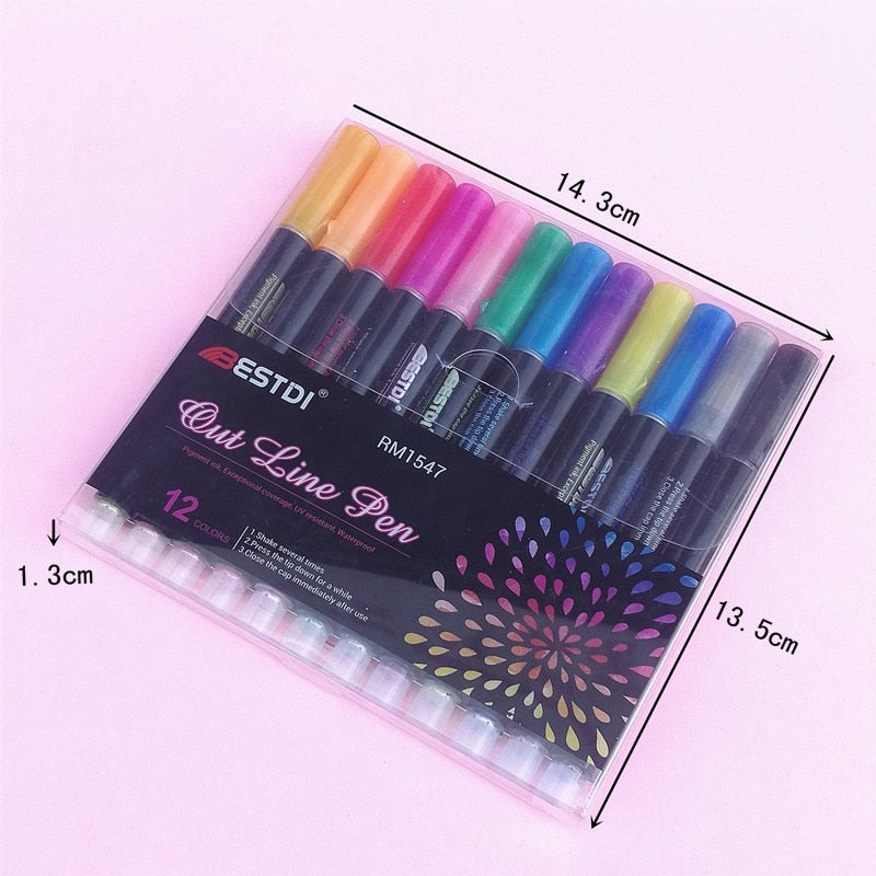 Double Line Outline Art Pen Marker (8 or 12 colors/set, 1-3 packs)