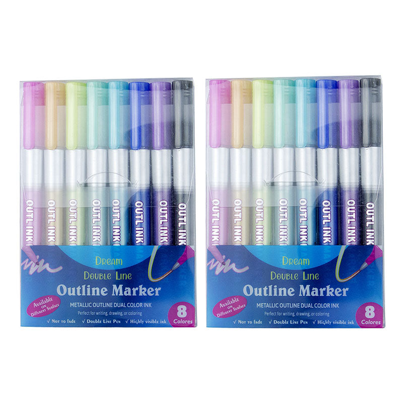 Double Line Outline Art Pen Marker (8 or 12 colors/set, 1-3 packs)