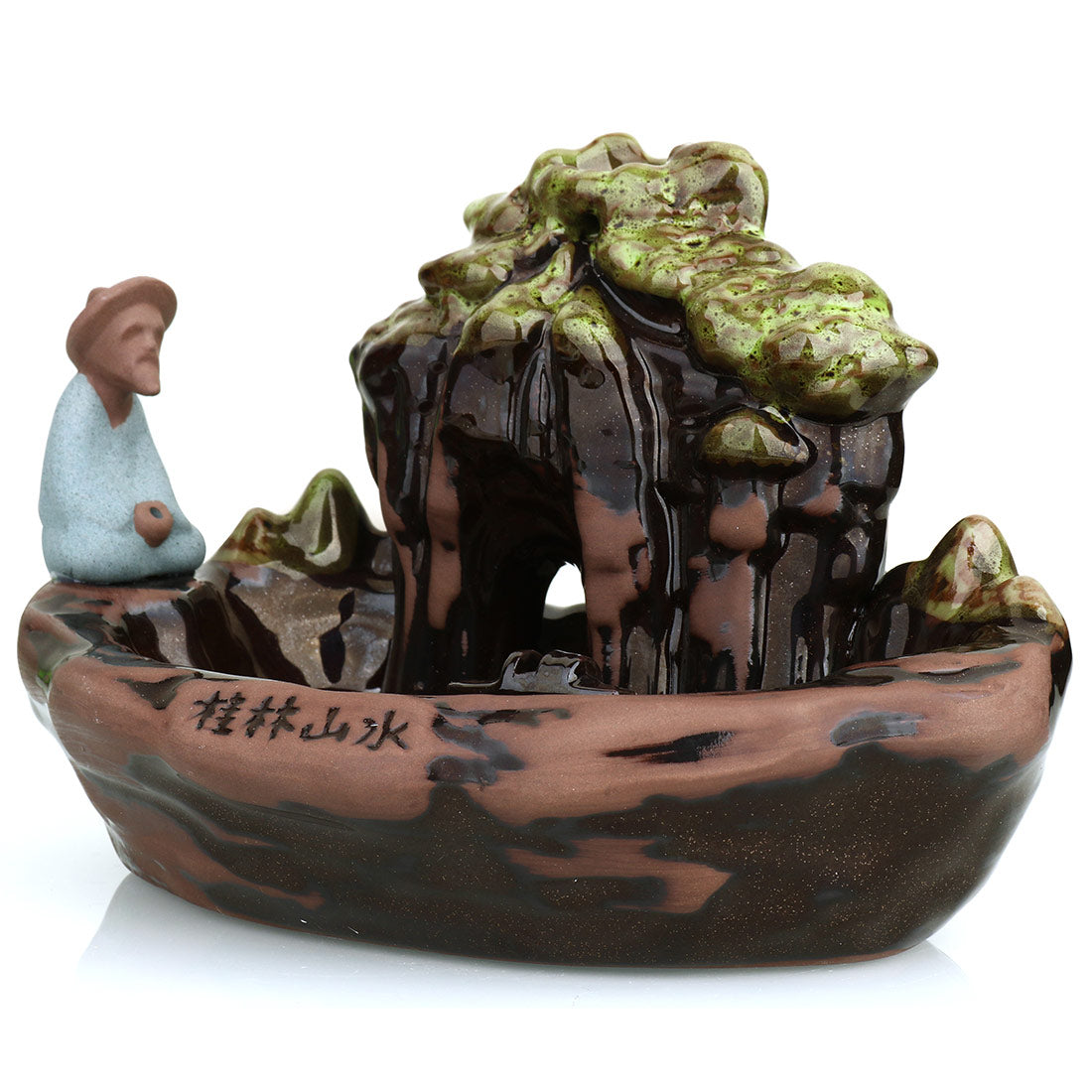 Peaceful Waterfall Fishing Statue Ceramic Backflow Incense Holder