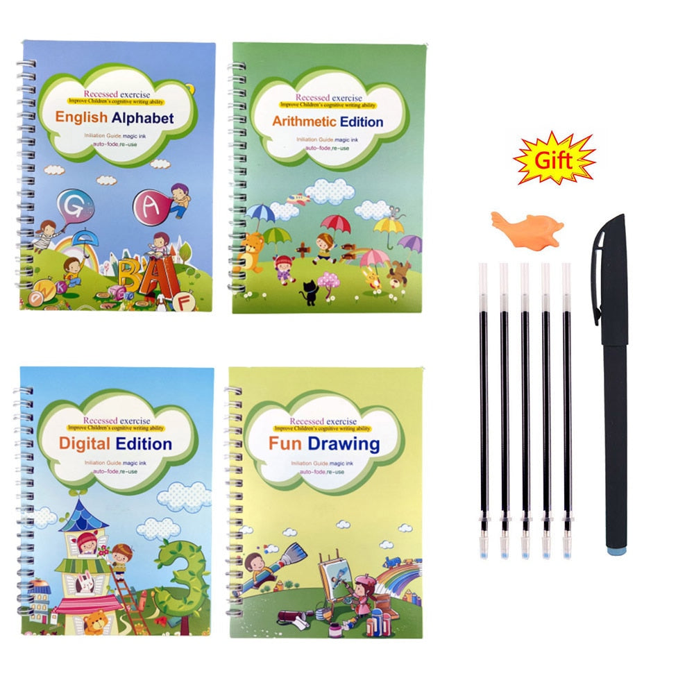 Montessori Calligraphy Practice Copy Book (4 Books + Magic Pen)