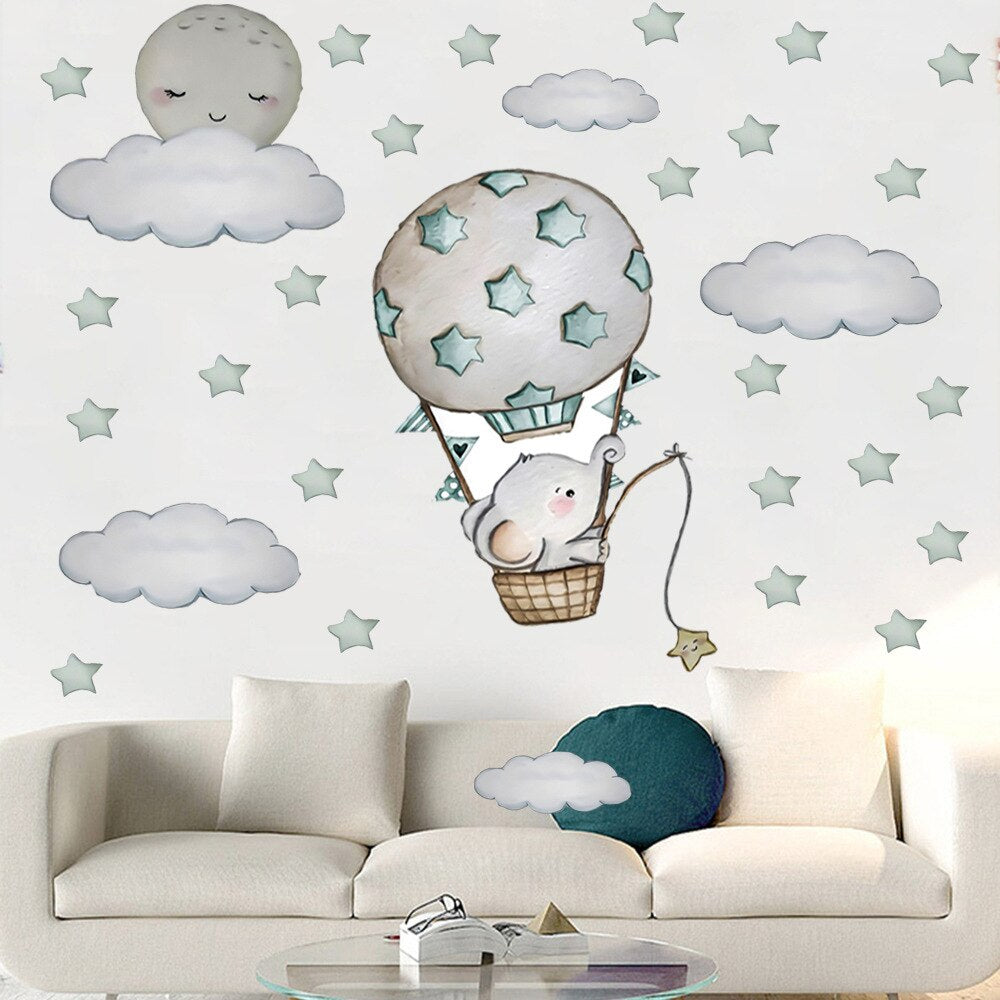 Hand Painted Cartoon Hot Air balloon Elephant Wall Stickers