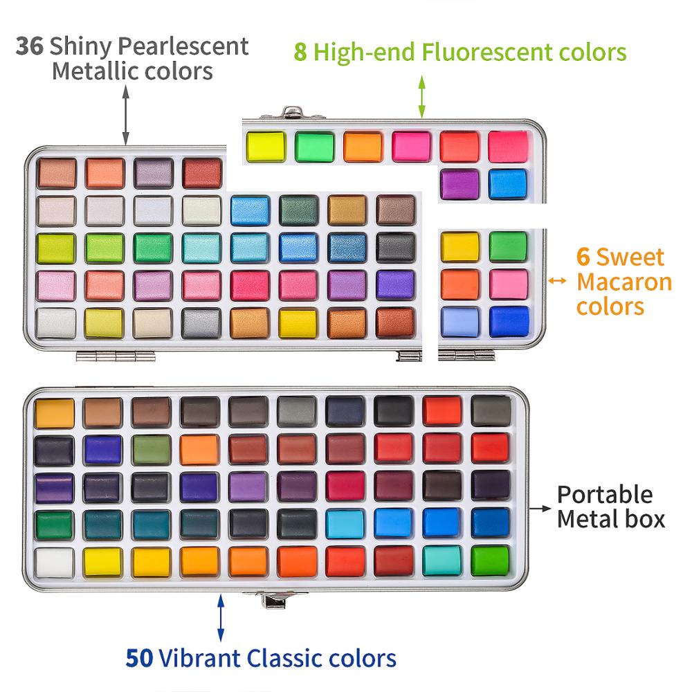 Macaron Glitter Watercolor Paint Set (100 colors/set, can include 6 or 10 brushes)