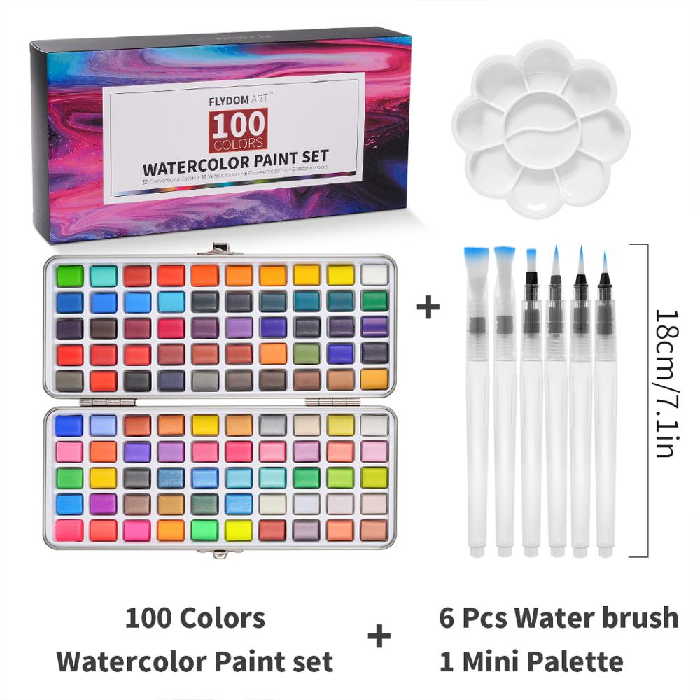 Macaron Glitter Watercolor Paint Set (100 colors/set, can include 6 or 10 brushes)