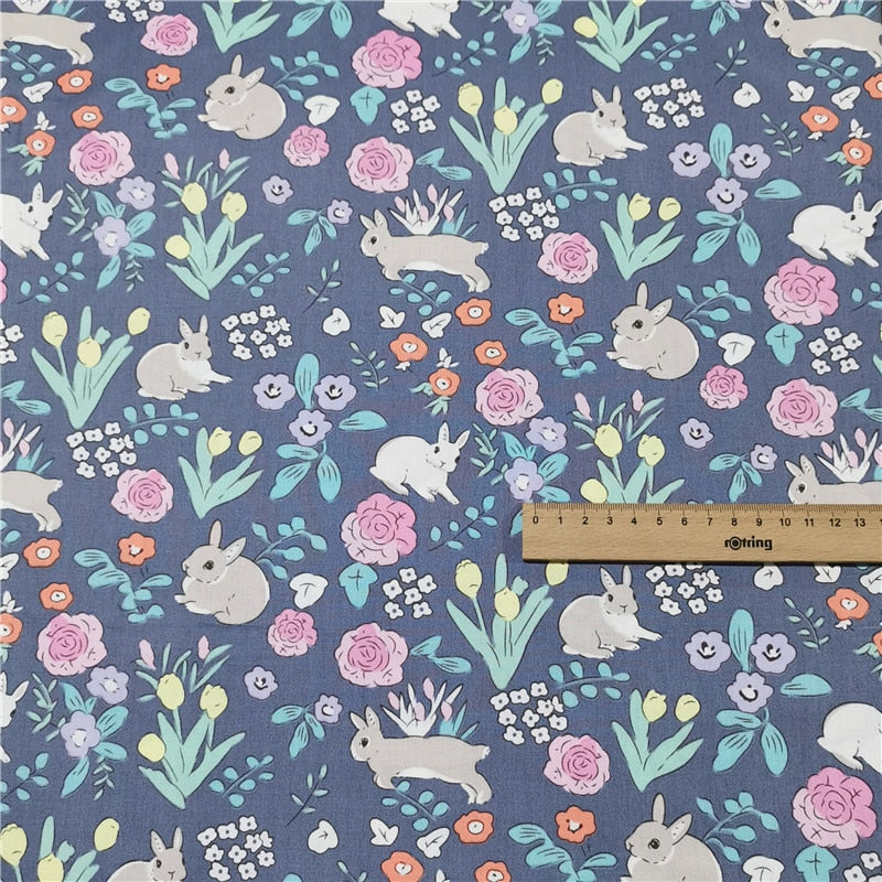 Grey White Floral Leaves Cotton Fabric