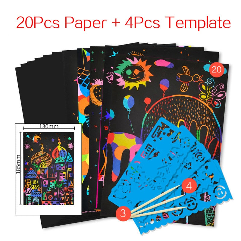 Magic Rainbow Scratch Art Paper Set (20 pages, 4 stencil/set, can include extra paper or stencils)