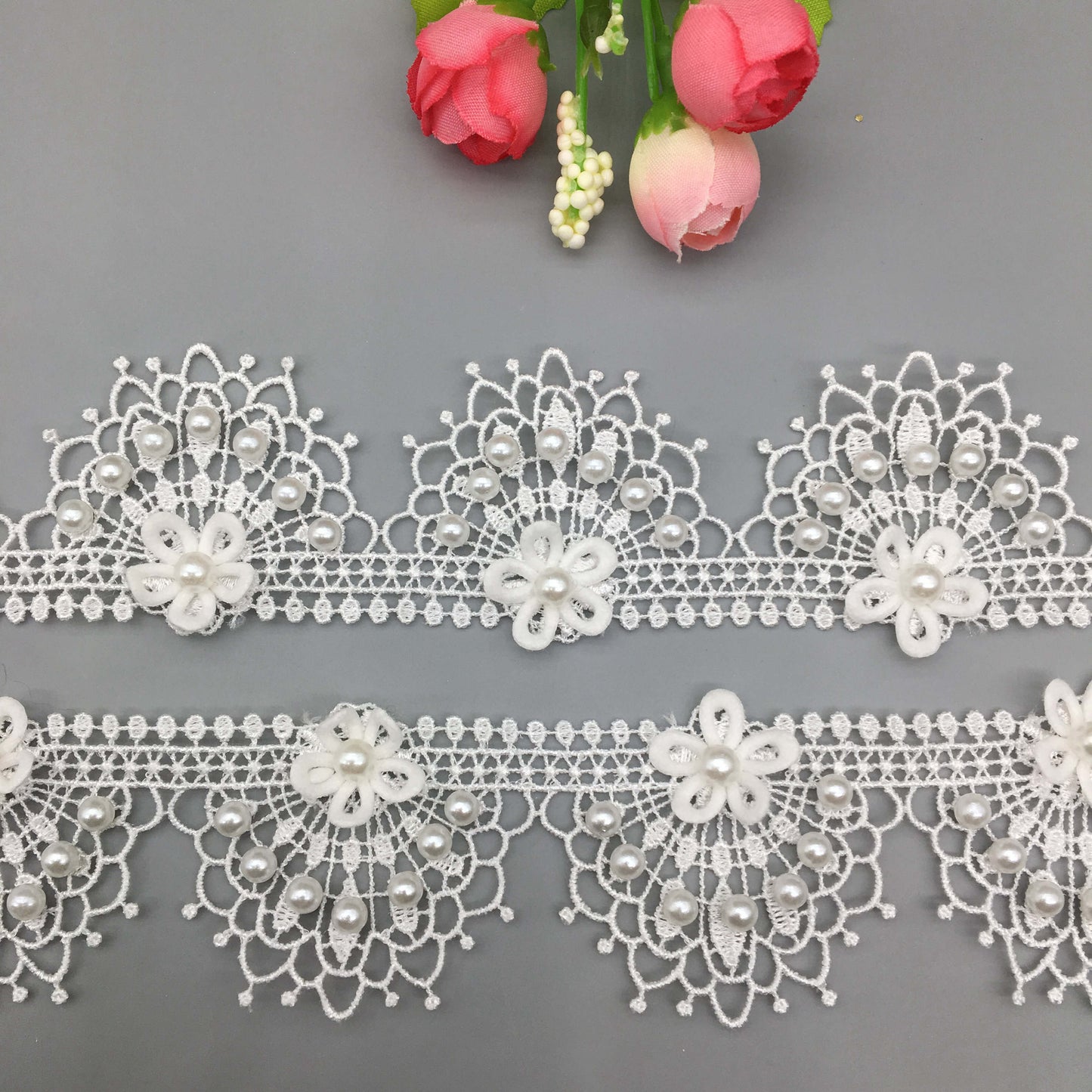 Pearl Beaded Flower Embroidered Lace Trim