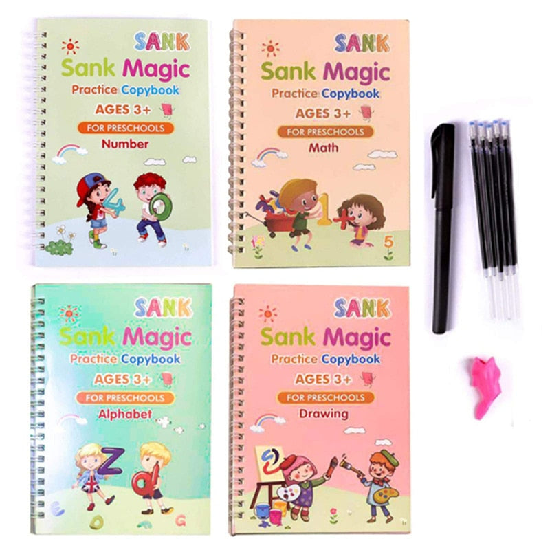 Montessori Calligraphy Practice Copy Book (4 Books + Magic Pen)