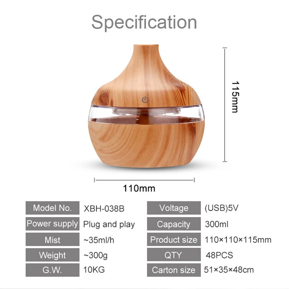 300ml Wood Grain Humidifier/Aroma Diffuser 7 LED Light Displays