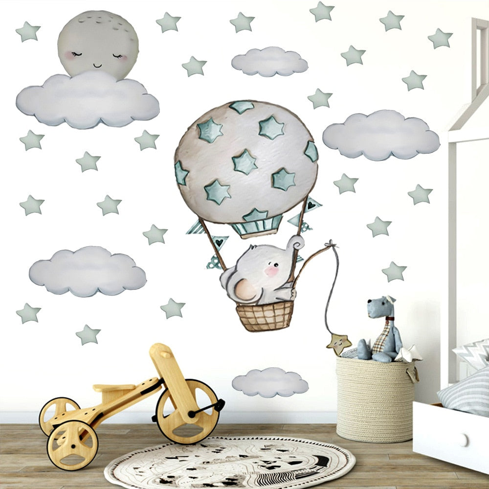 Hand Painted Cartoon Hot Air balloon Elephant Wall Stickers