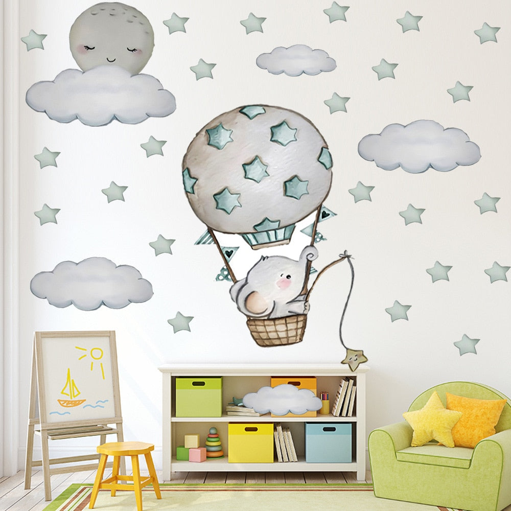 Hand Painted Cartoon Hot Air balloon Elephant Wall Stickers