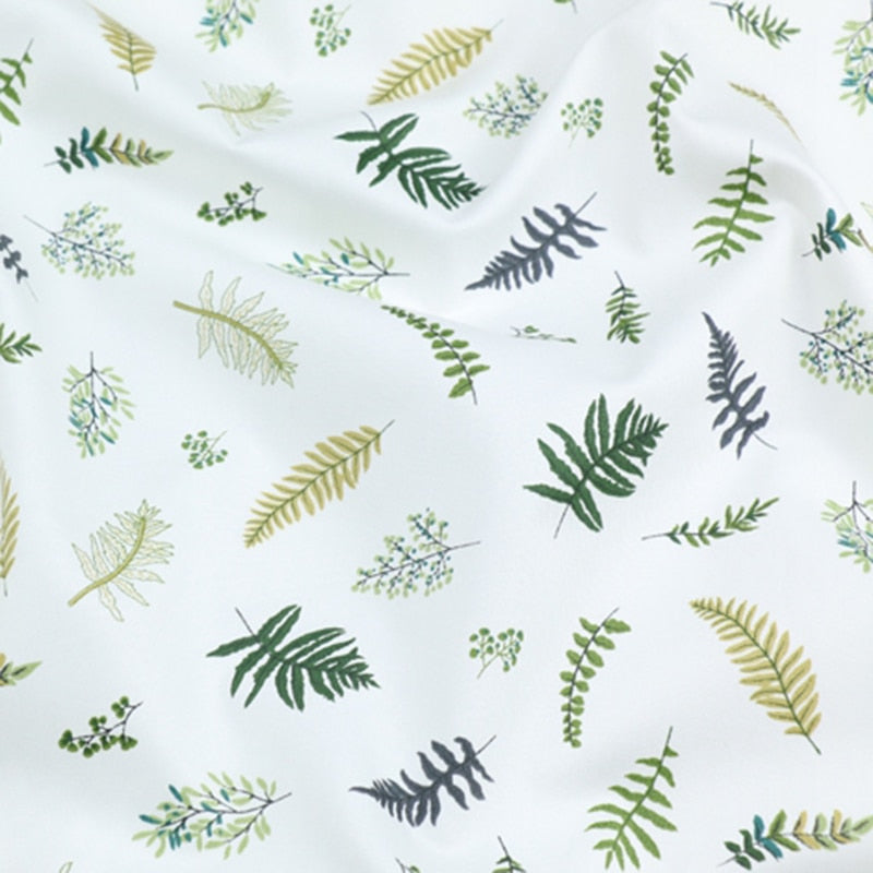 Grey White Floral Leaves Cotton Fabric