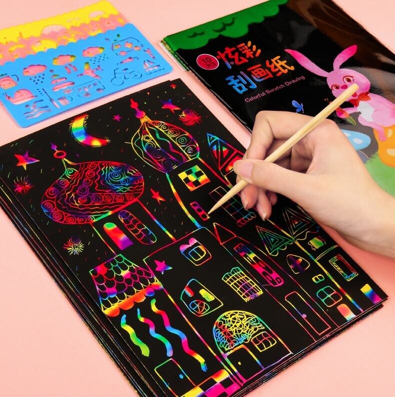 Magic Rainbow Scratch Art Paper Set (20 pages, 4 stencil/set, can include extra paper or stencils)