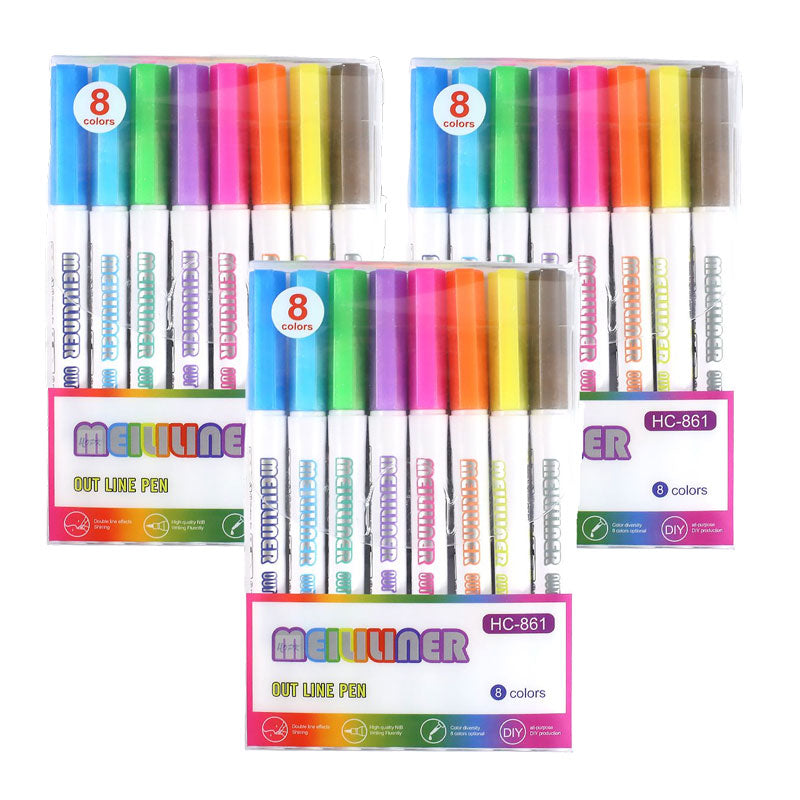 Double Line Outline Art Pen Marker (8 or 12 colors/set, 1-3 packs)