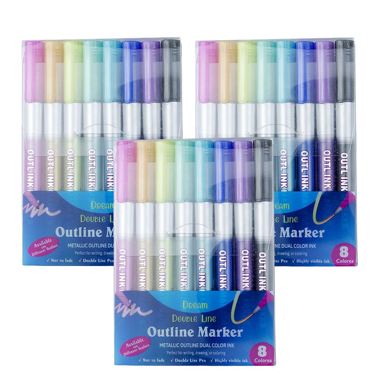 Double Line Outline Art Pen Marker (8 or 12 colors/set, 1-3 packs)