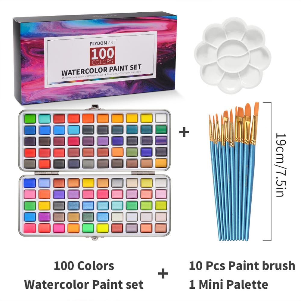 Macaron Glitter Watercolor Paint Set (100 colors/set, can include 6 or 10 brushes)