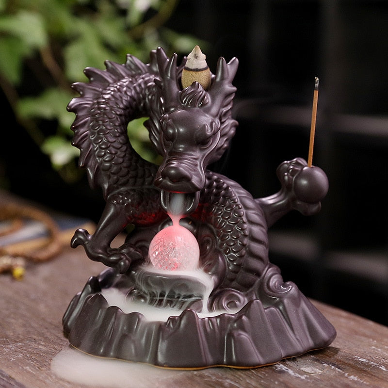 7 Color Changing Ceramic Dragon Backflow Waterfall Incense Holder