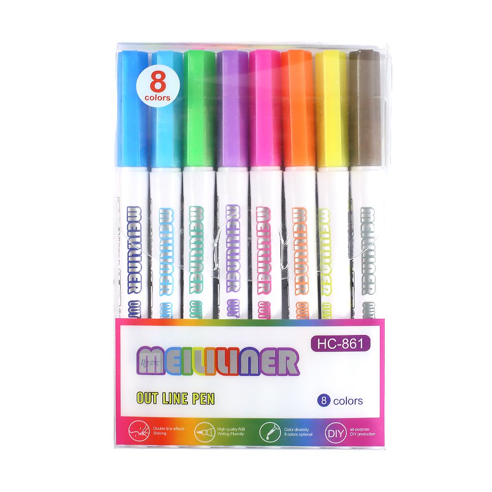 Double Line Outline Art Pen Marker (8 or 12 colors/set, 1-3 packs)