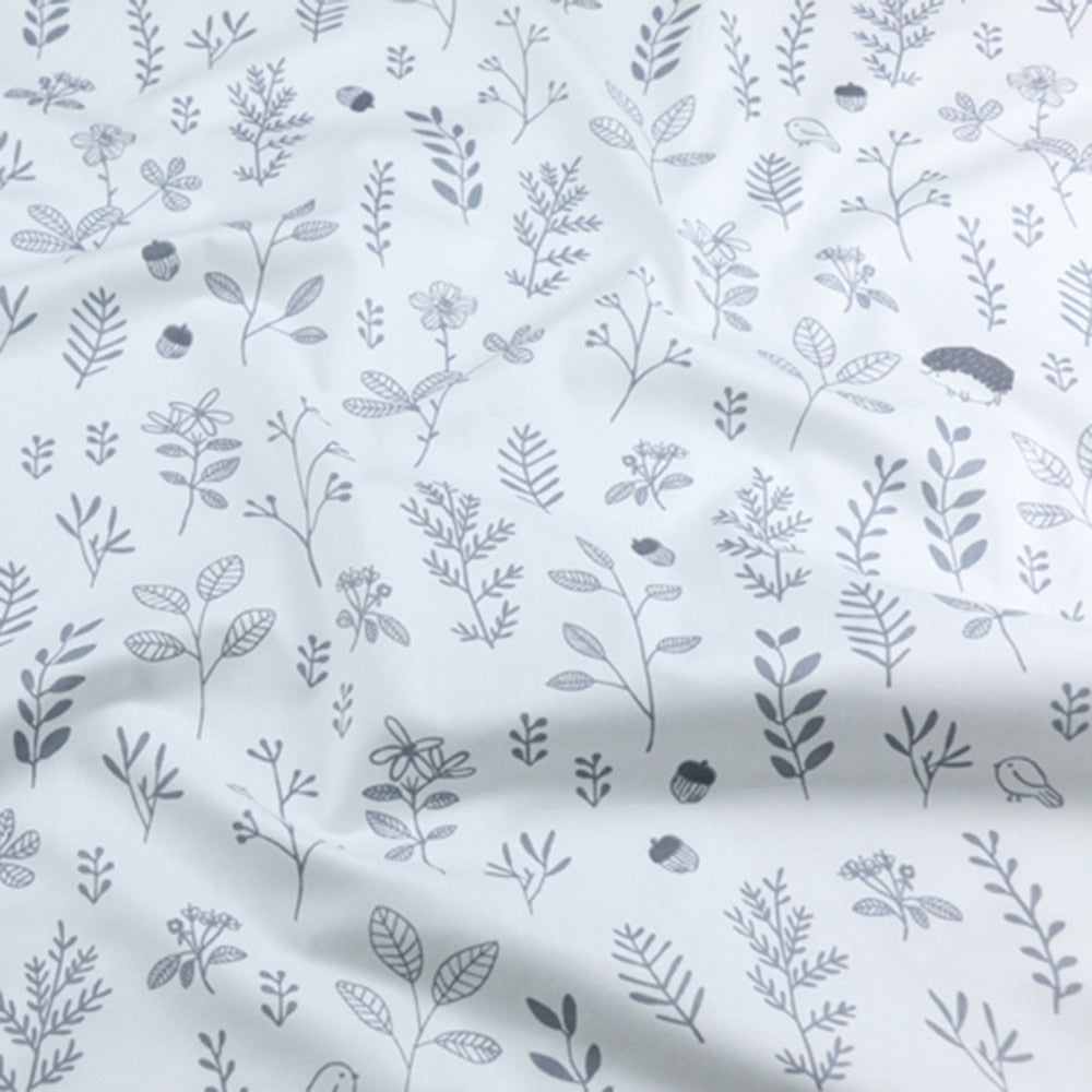 Grey White Floral Leaves Cotton Fabric