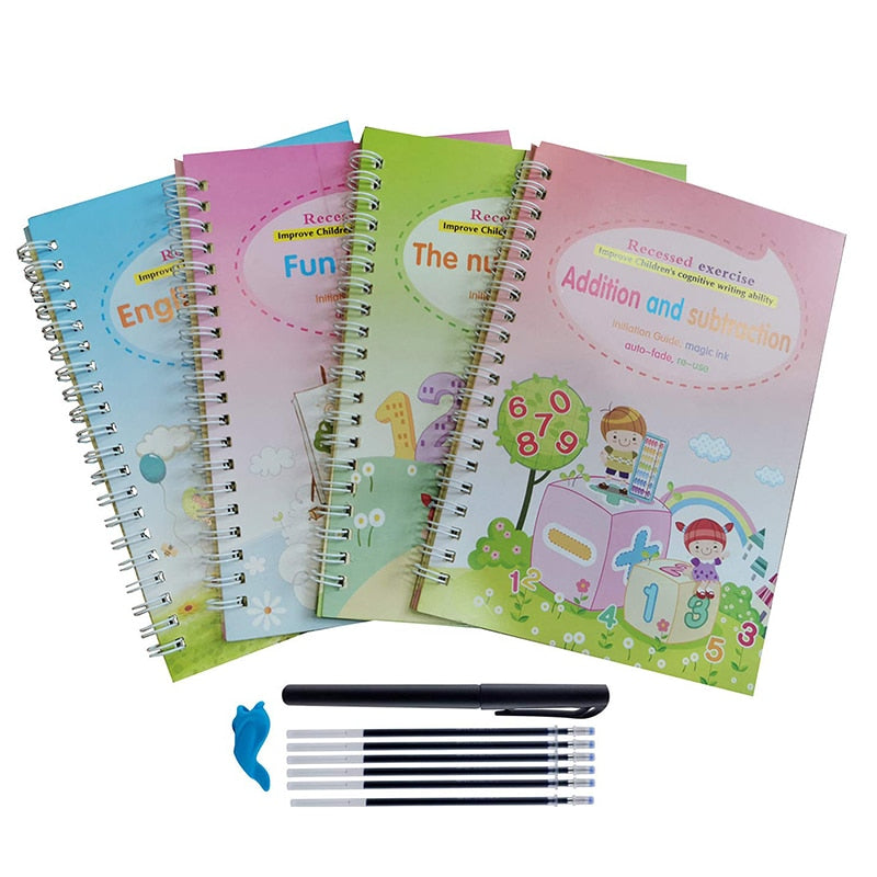 Montessori Calligraphy Practice Copy Book (4 Books + Magic Pen)