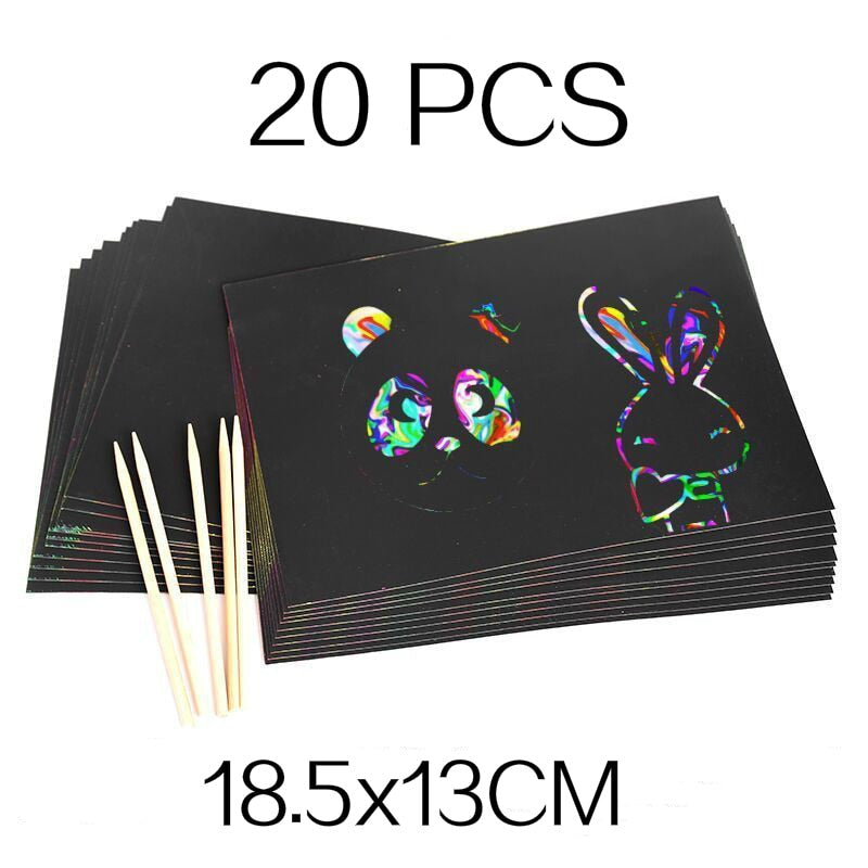 Magic Rainbow Scratch Art Paper Set (20 pages, 4 stencil/set, can include extra paper or stencils)