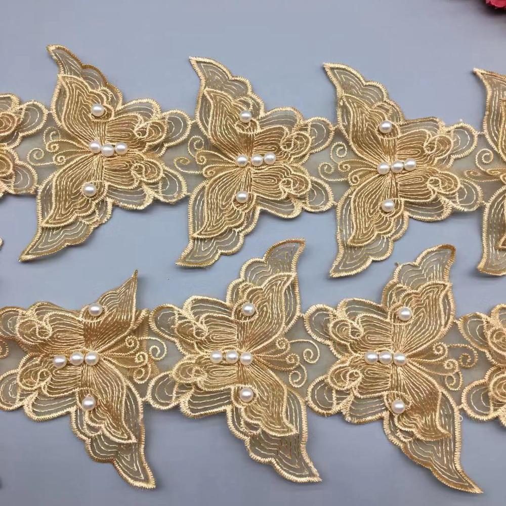 Golden Embroidered Butterfly Lace Pearl Beaded