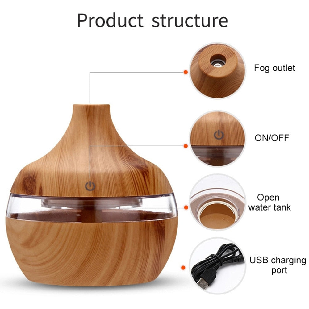 300ml Wood Grain Humidifier/Aroma Diffuser 7 LED Light Displays