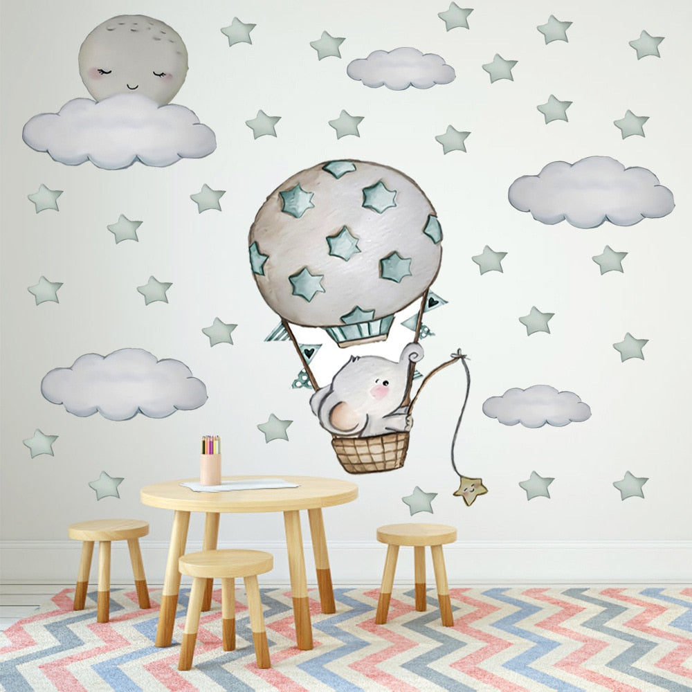 Hand Painted Cartoon Hot Air balloon Elephant Wall Stickers