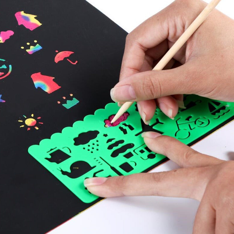 Magic Rainbow Scratch Art Paper Set (20 pages, 4 stencil/set, can include extra paper or stencils)