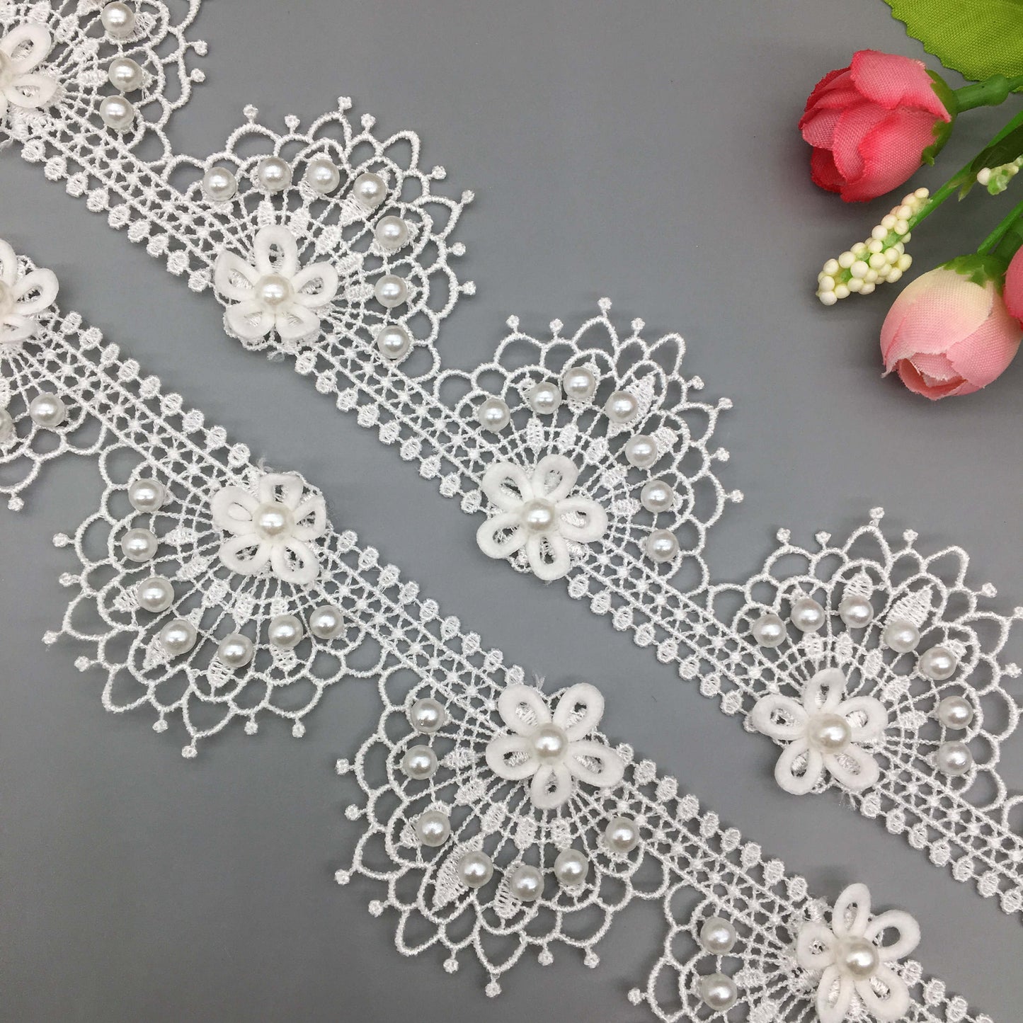 Pearl Beaded Flower Embroidered Lace Trim