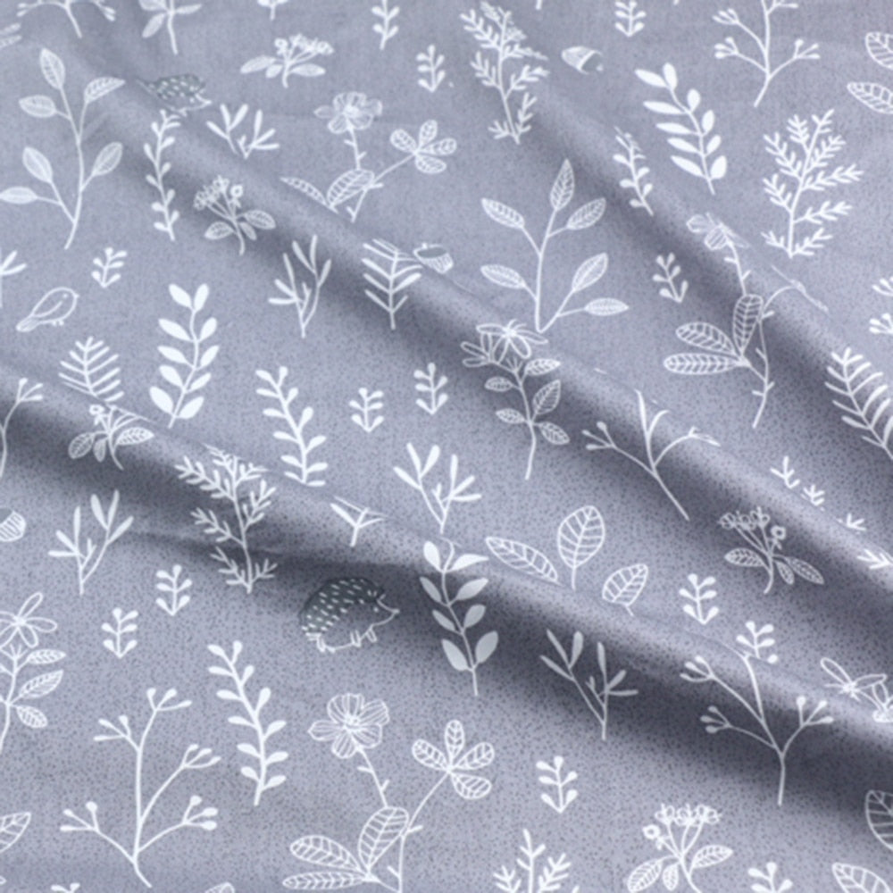 Grey White Floral Leaves Cotton Fabric