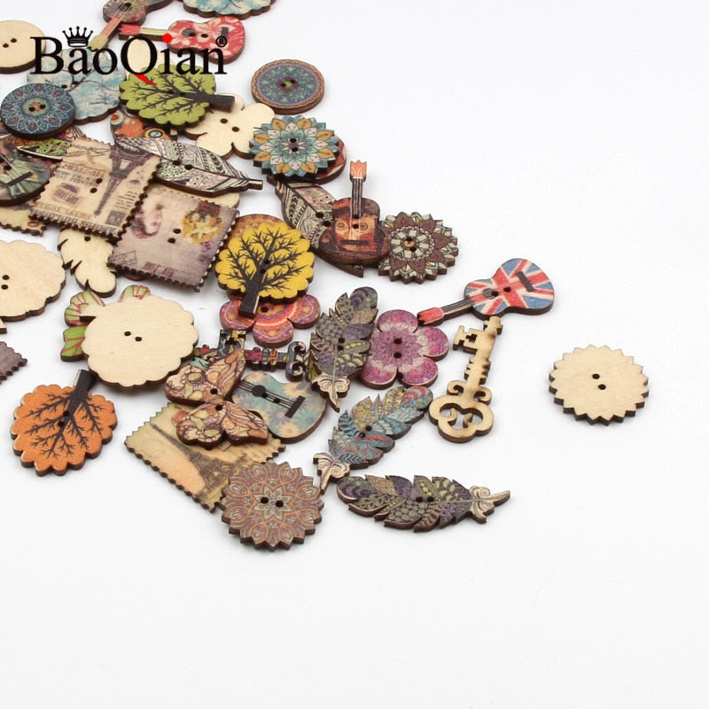 20Pcs Mixed Retro Series Wooden Buttons