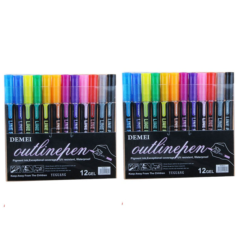 Double Line Outline Art Pen Marker (8 or 12 colors/set, 1-3 packs)