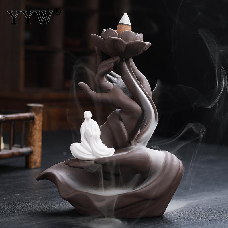 Ceramic Backflow Waterfall Incense Burner Buddha Hand or Lotus