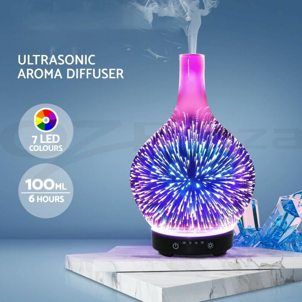 Mini Ultrasonic Humidifier/Oil Diffuser 3D Glass, 7 LED Light Displays