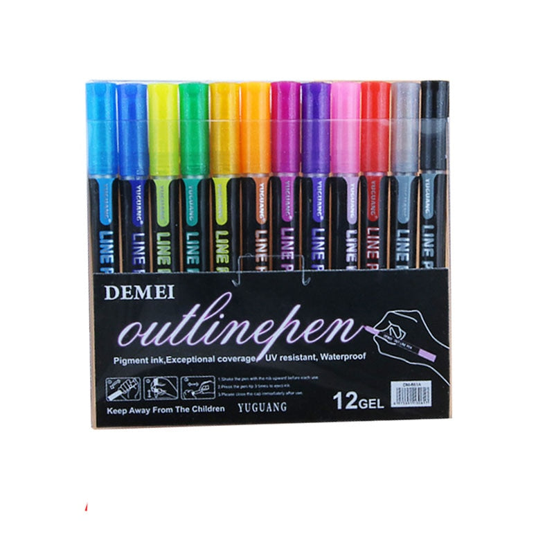 Double Line Outline Art Pen Marker (8 or 12 colors/set, 1-3 packs)