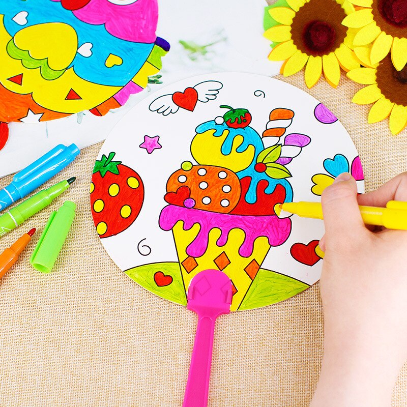 2pcs/lot Kids Hand Paint Paper Fan