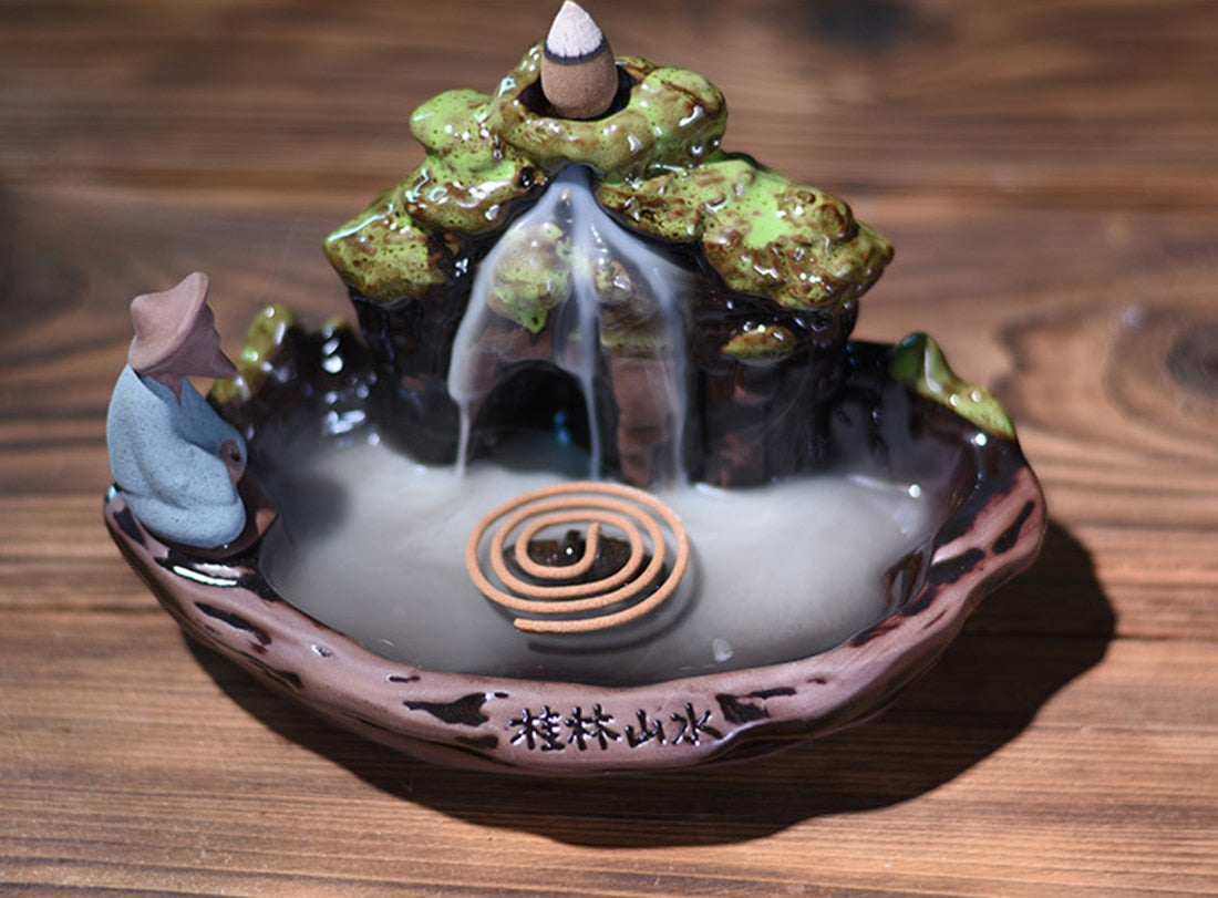 Peaceful Waterfall Fishing Statue Ceramic Backflow Incense Holder