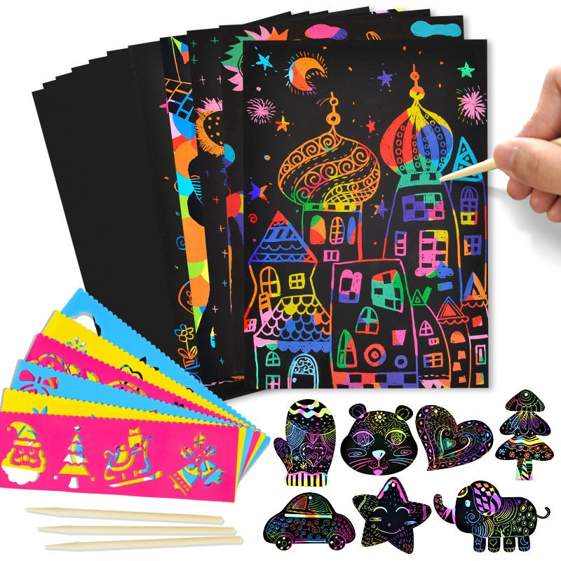 Magic Rainbow Scratch Art Paper Set (20 pages, 4 stencil/set, can include extra paper or stencils)