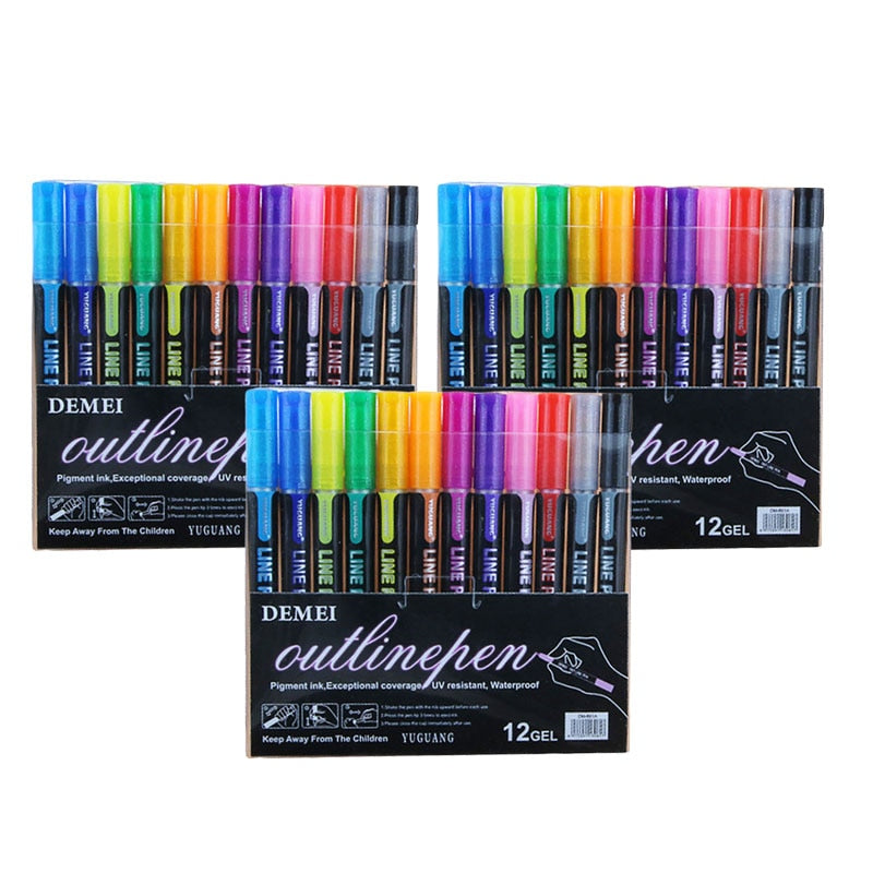 Double Line Outline Art Pen Marker (8 or 12 colors/set, 1-3 packs)