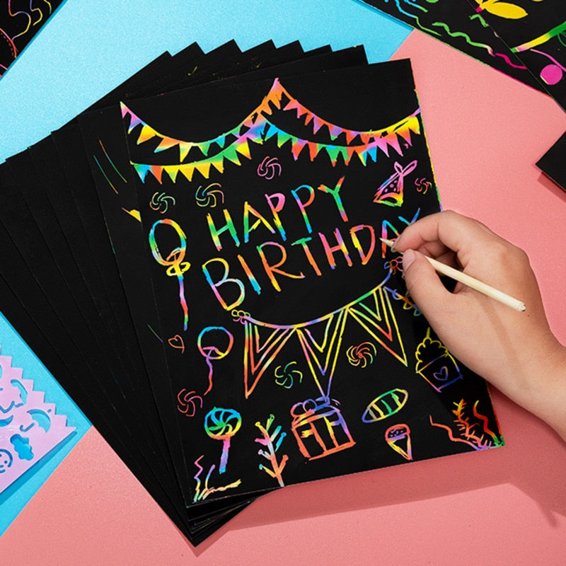 Magic Rainbow Scratch Art Paper Set (20 pages, 4 stencil/set, can include extra paper or stencils)