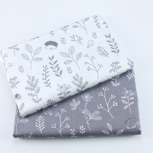 Grey White Floral Leaves Cotton Fabric