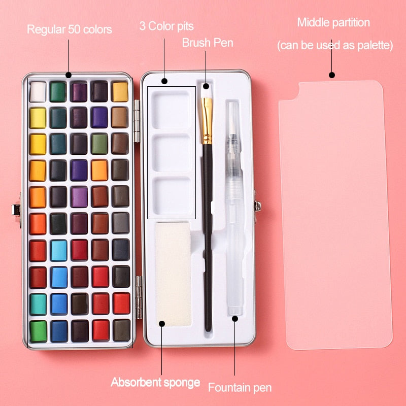 Professional Solid Watercolor Set with Neon Glitter (50/72/90 per set)