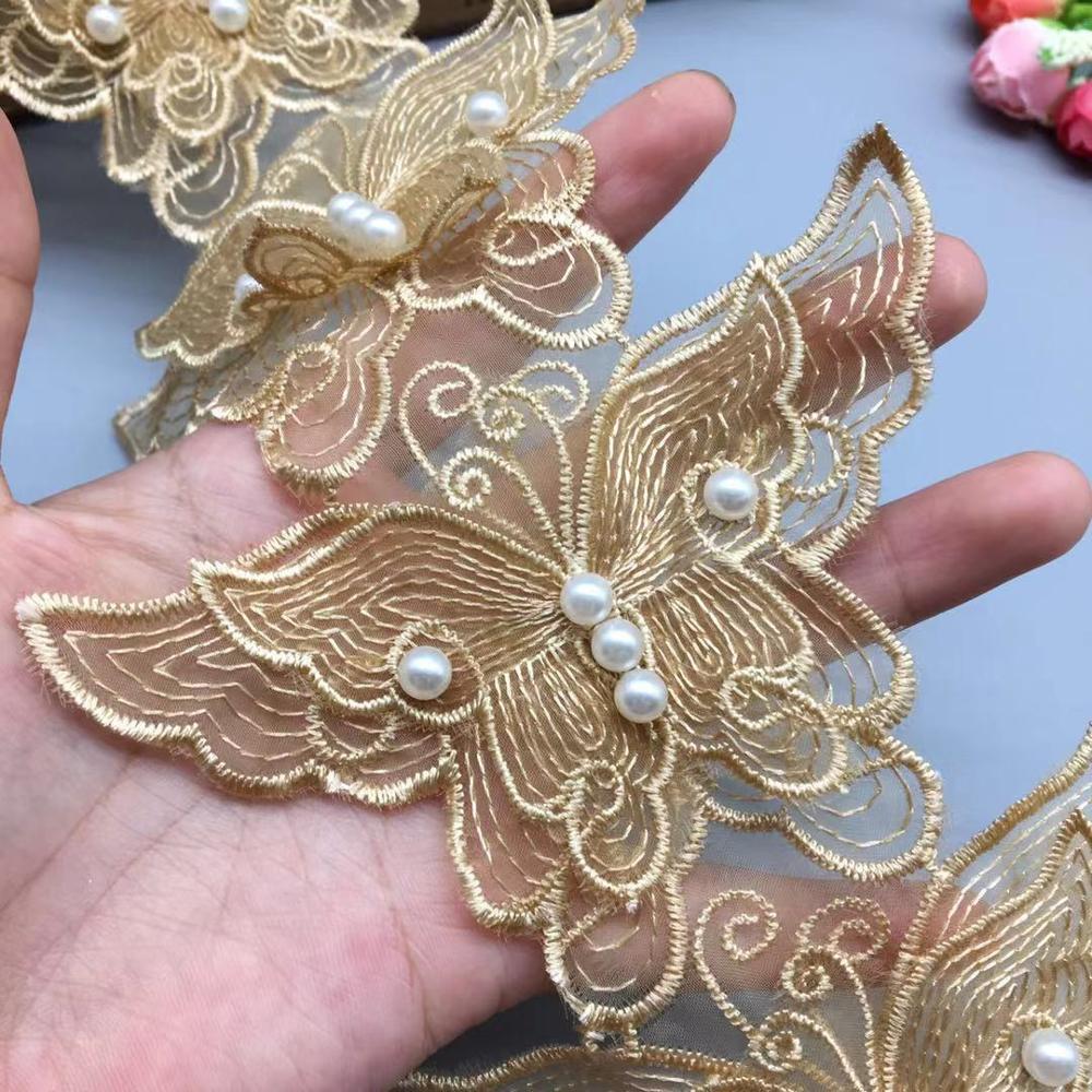 Golden Embroidered Butterfly Lace Pearl Beaded