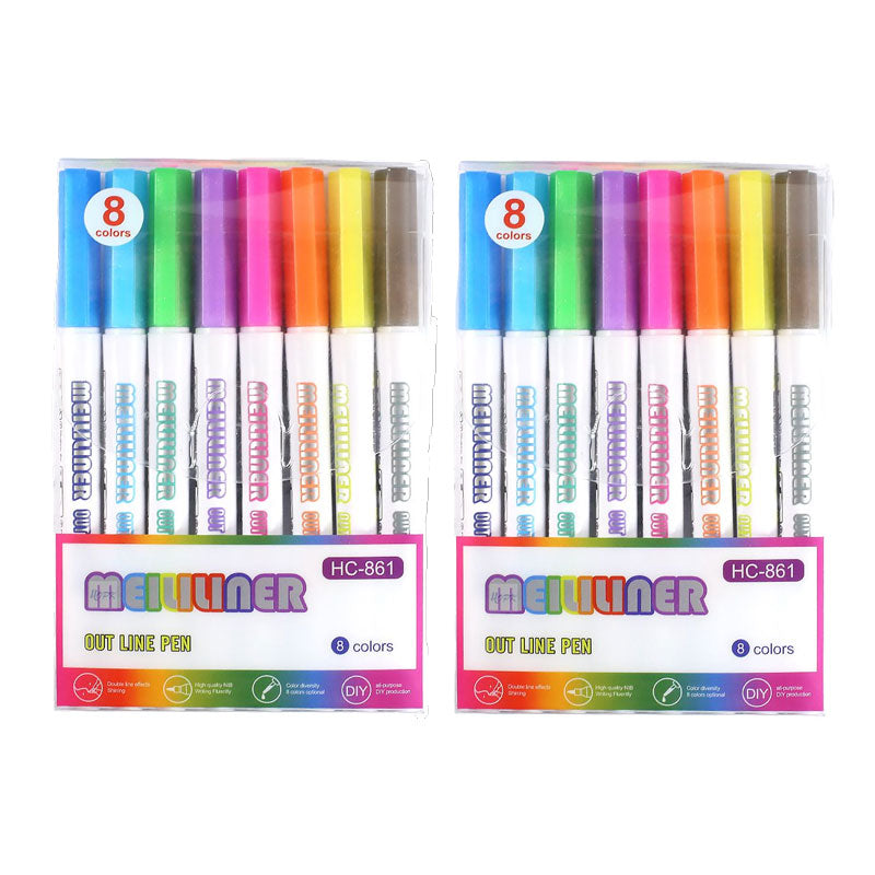 Double Line Outline Art Pen Marker (8 or 12 colors/set, 1-3 packs)