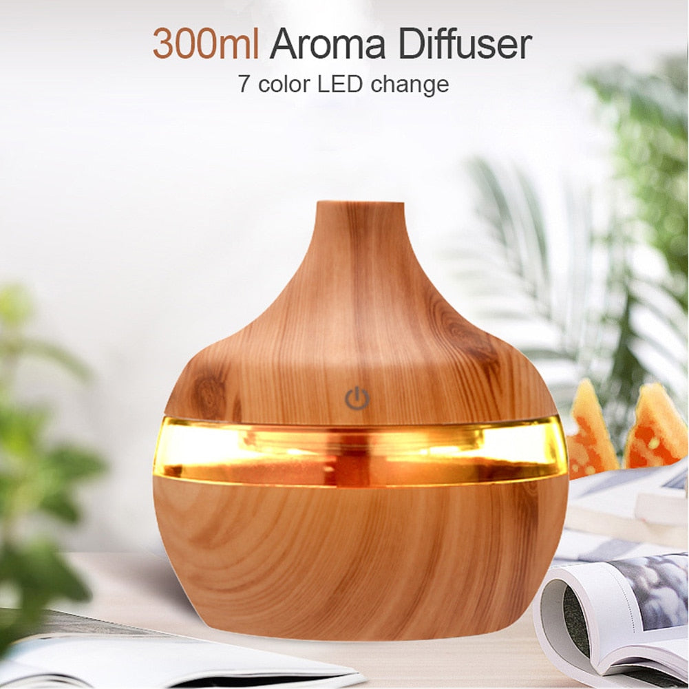 300ml Wood Grain Humidifier/Aroma Diffuser 7 LED Light Displays