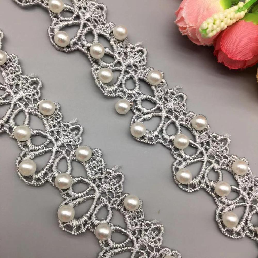 1 Yard Grey Pearl Beaded Lace Trim