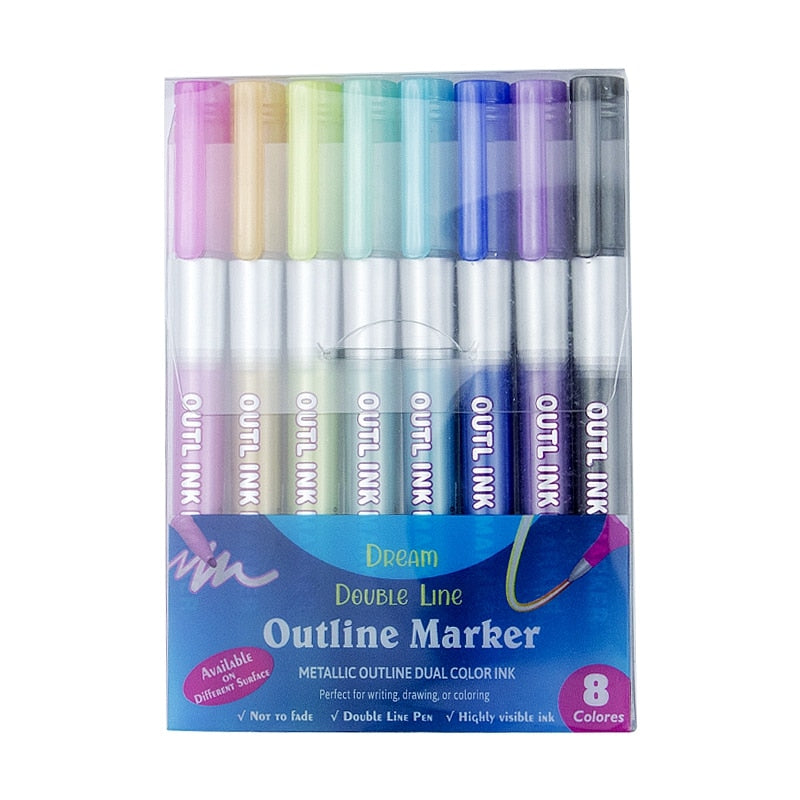 Double Line Outline Art Pen Marker (8 or 12 colors/set, 1-3 packs)